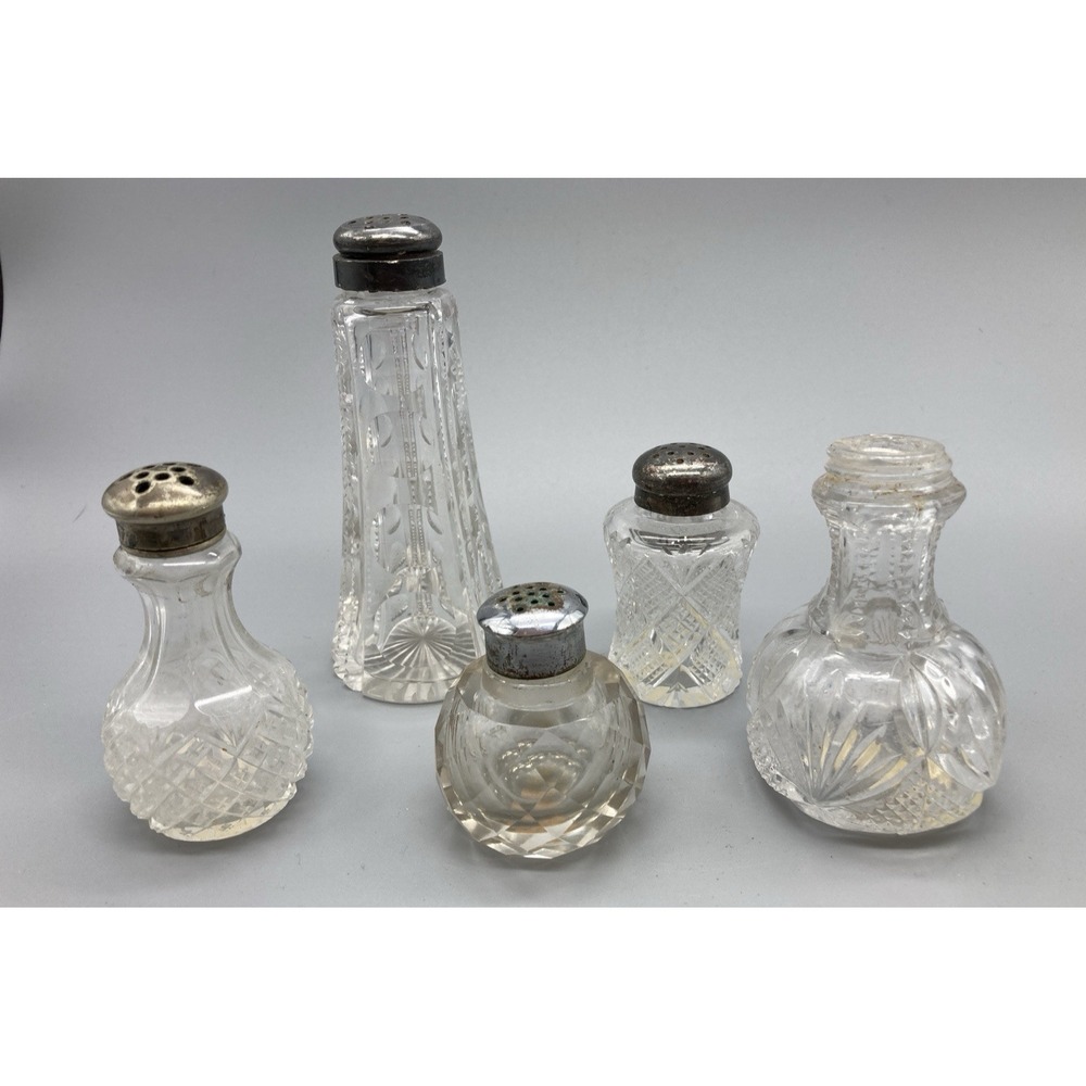 Antique EAPG salt shakers lot singles cut heavy glass with zinc or pewter tops